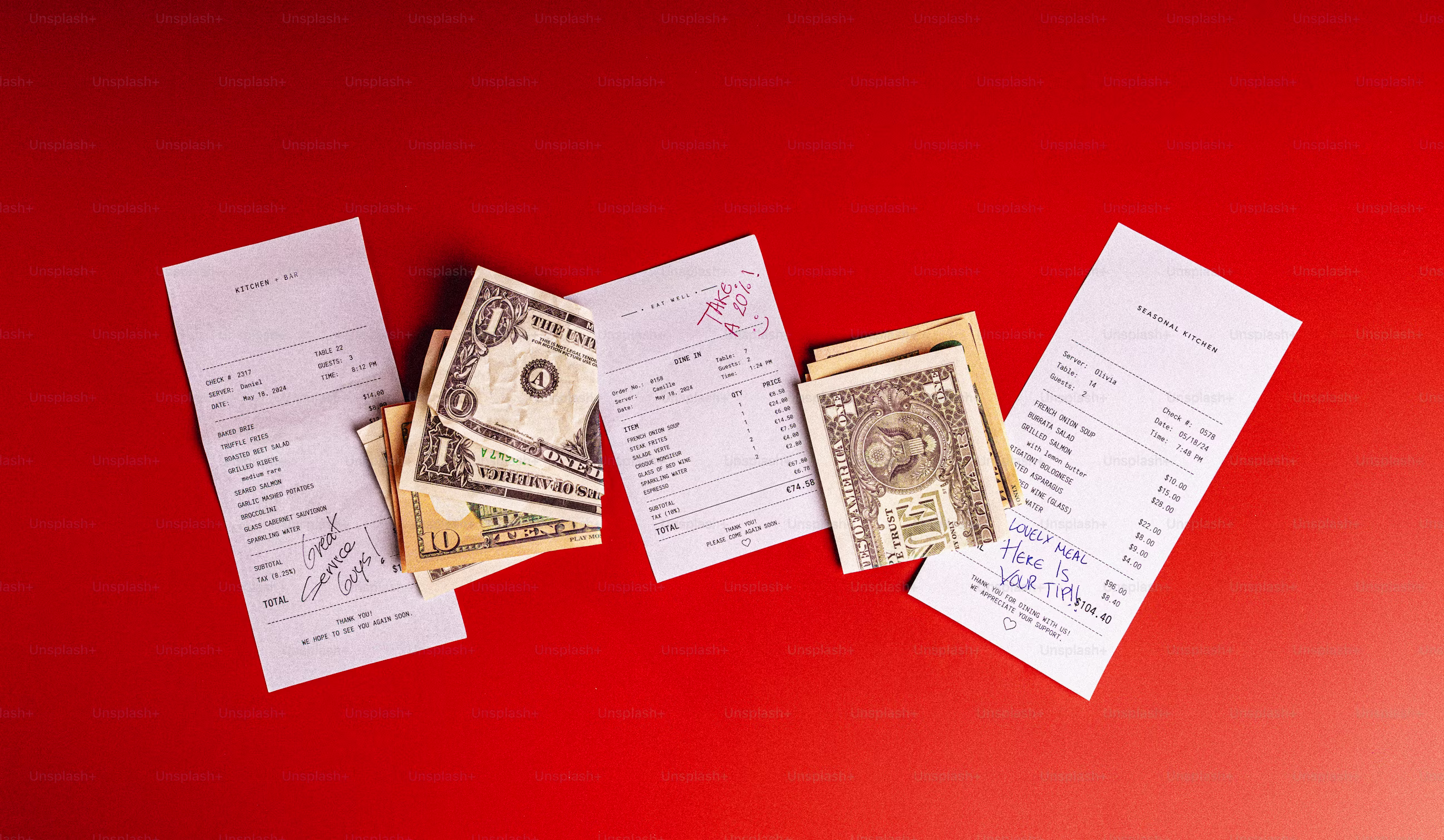 Restaurant receipt with multiple food items and prices